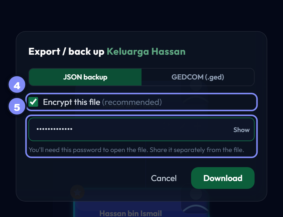 The backup dialog with encryption ticked and a password entered