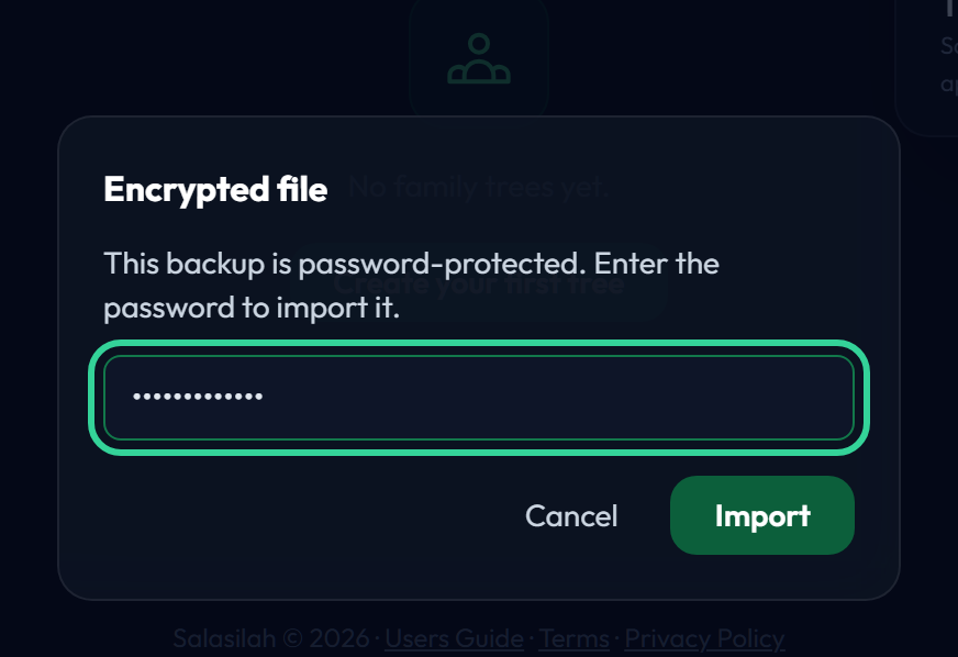 The encrypted-file password prompt on import