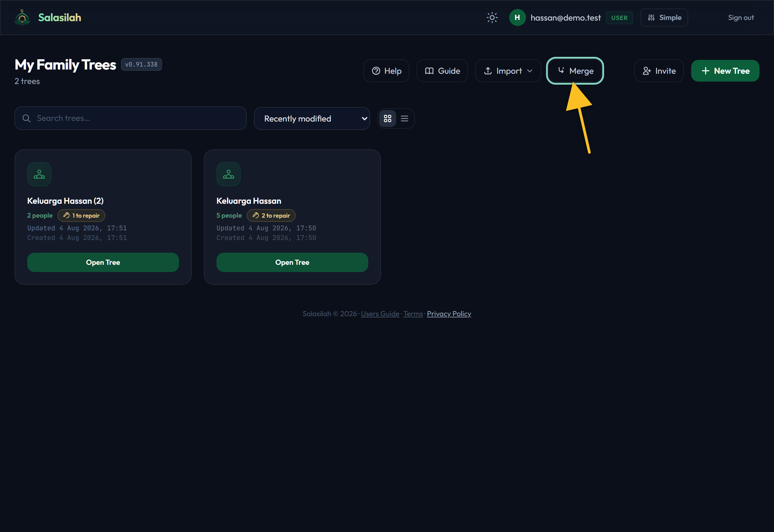 The dashboard with two trees and the Merge button