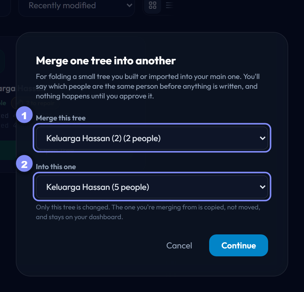 The merge picker with source and target dropdowns