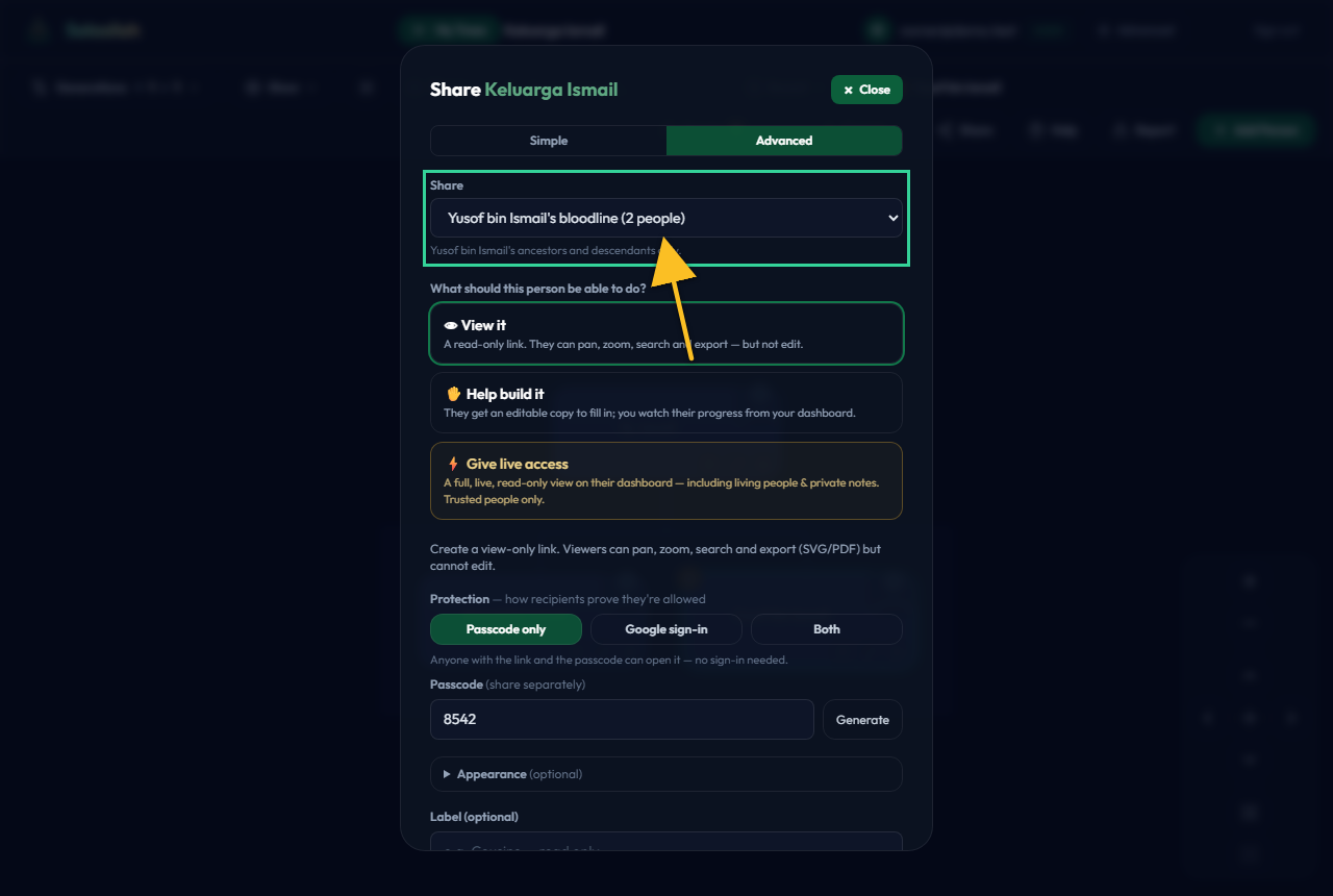 The Share scope selector set to a person's bloodline