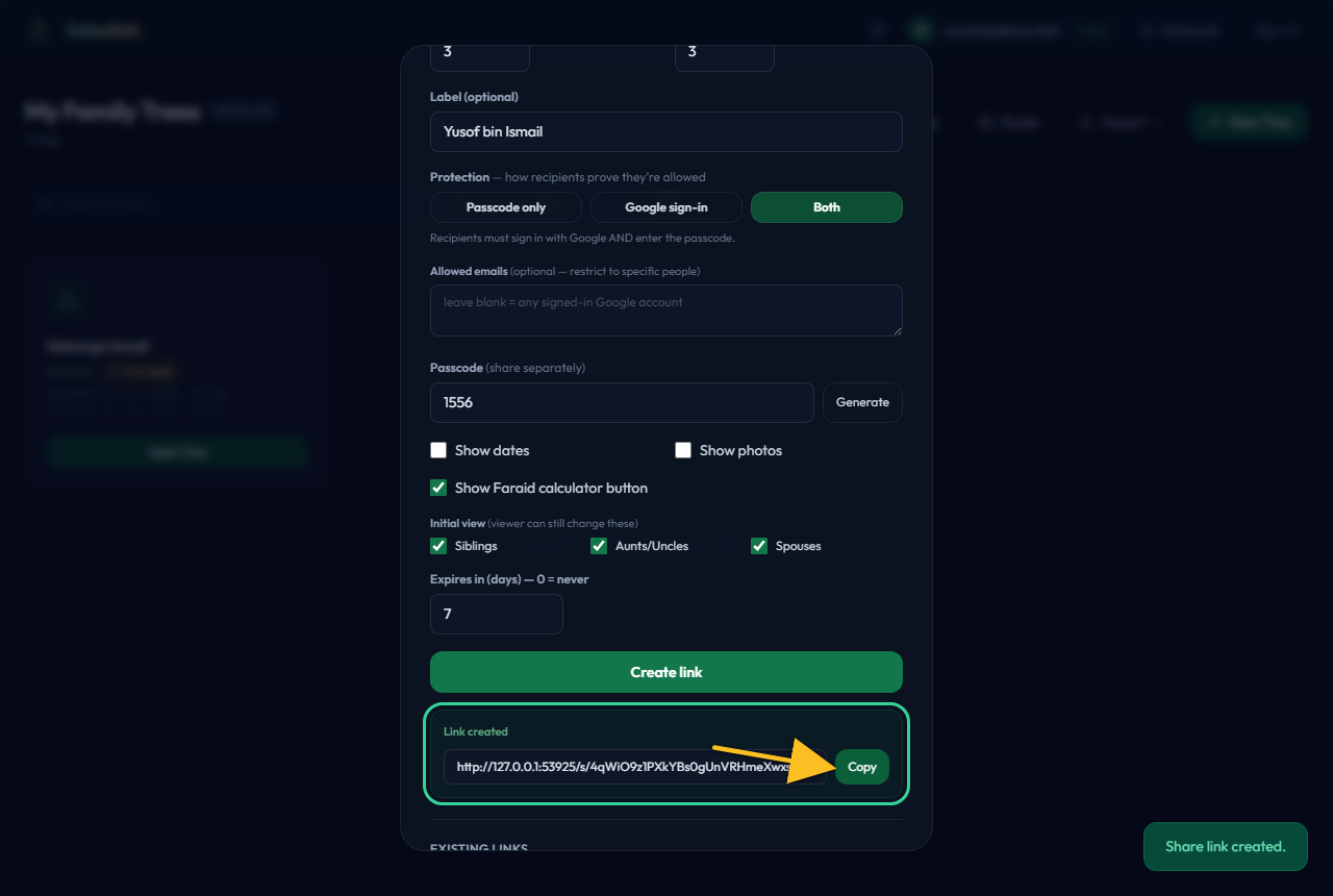 The created share link