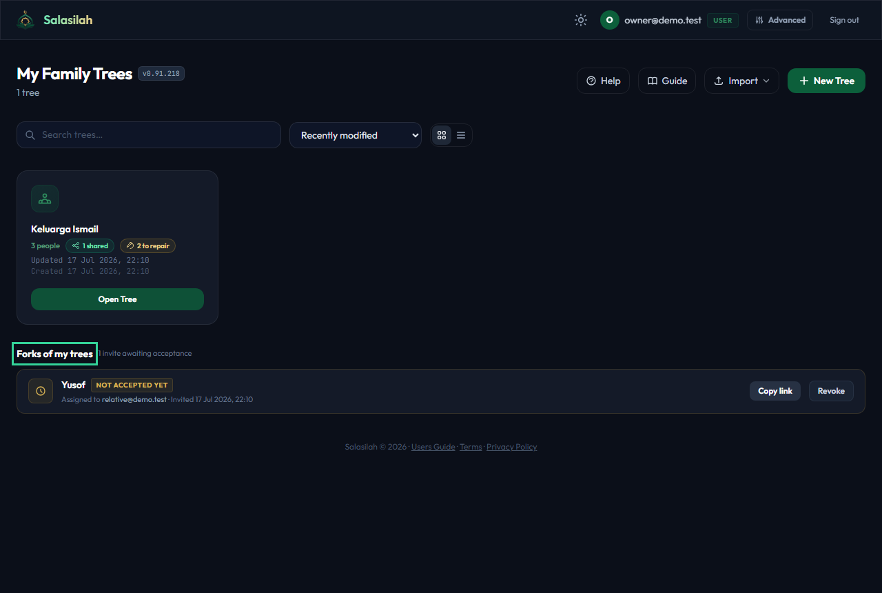Dashboard showing a pending invite
