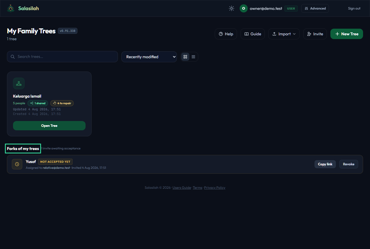 Dashboard showing a pending invite