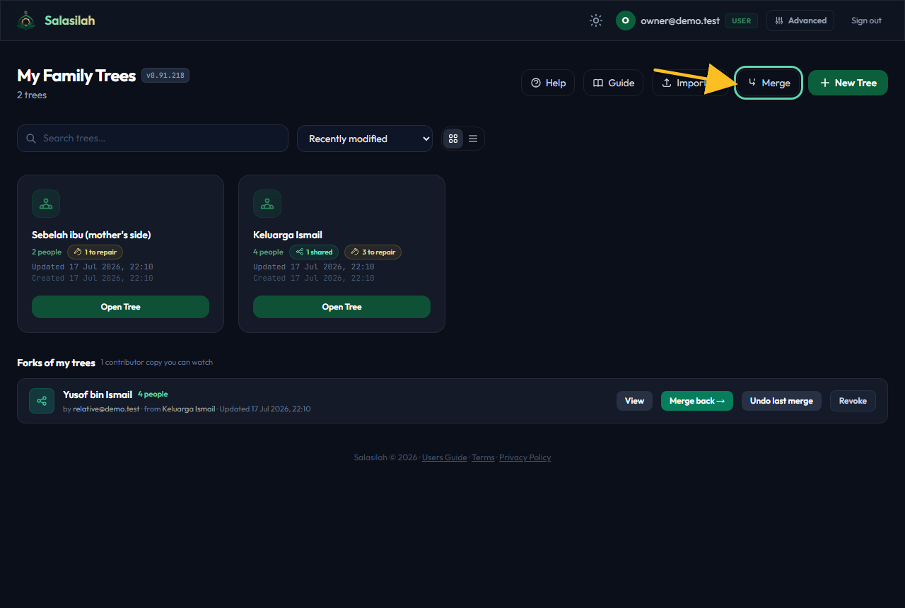 Merge button on the dashboard toolbar
