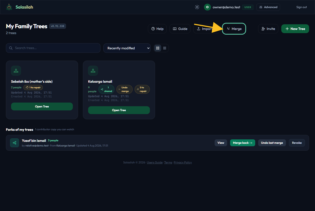 Merge button on the dashboard toolbar