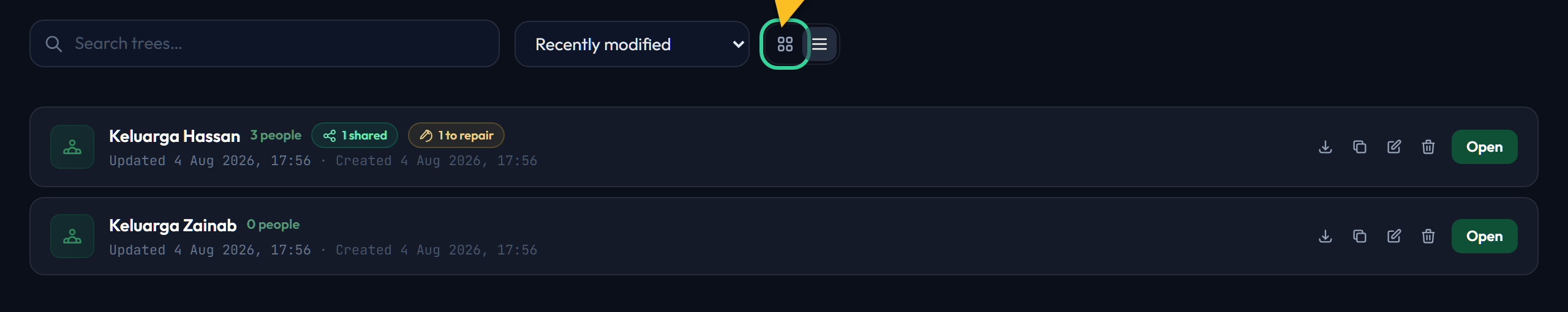The dashboard in list view