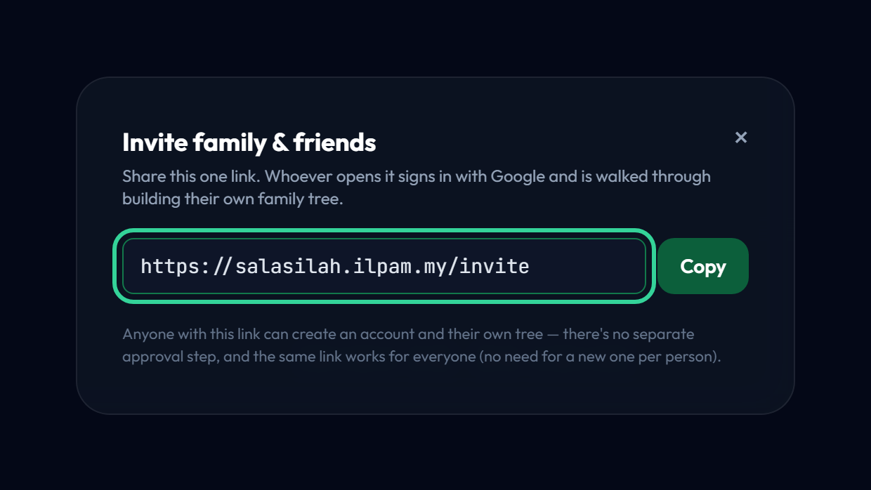 The invite window showing the single join link