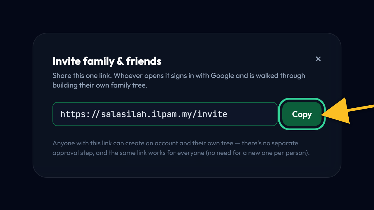 The Copy button beside the invite link