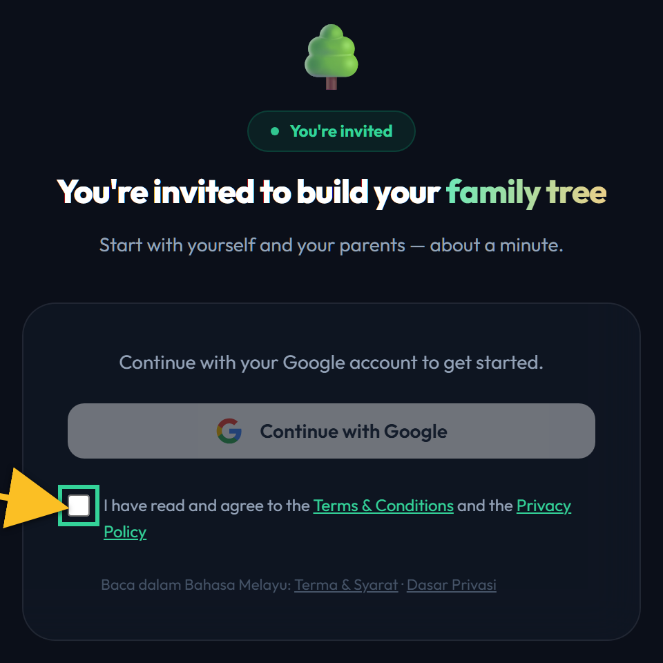 The invite welcome screen, with the consent tick highlighted and the Google button greyed out