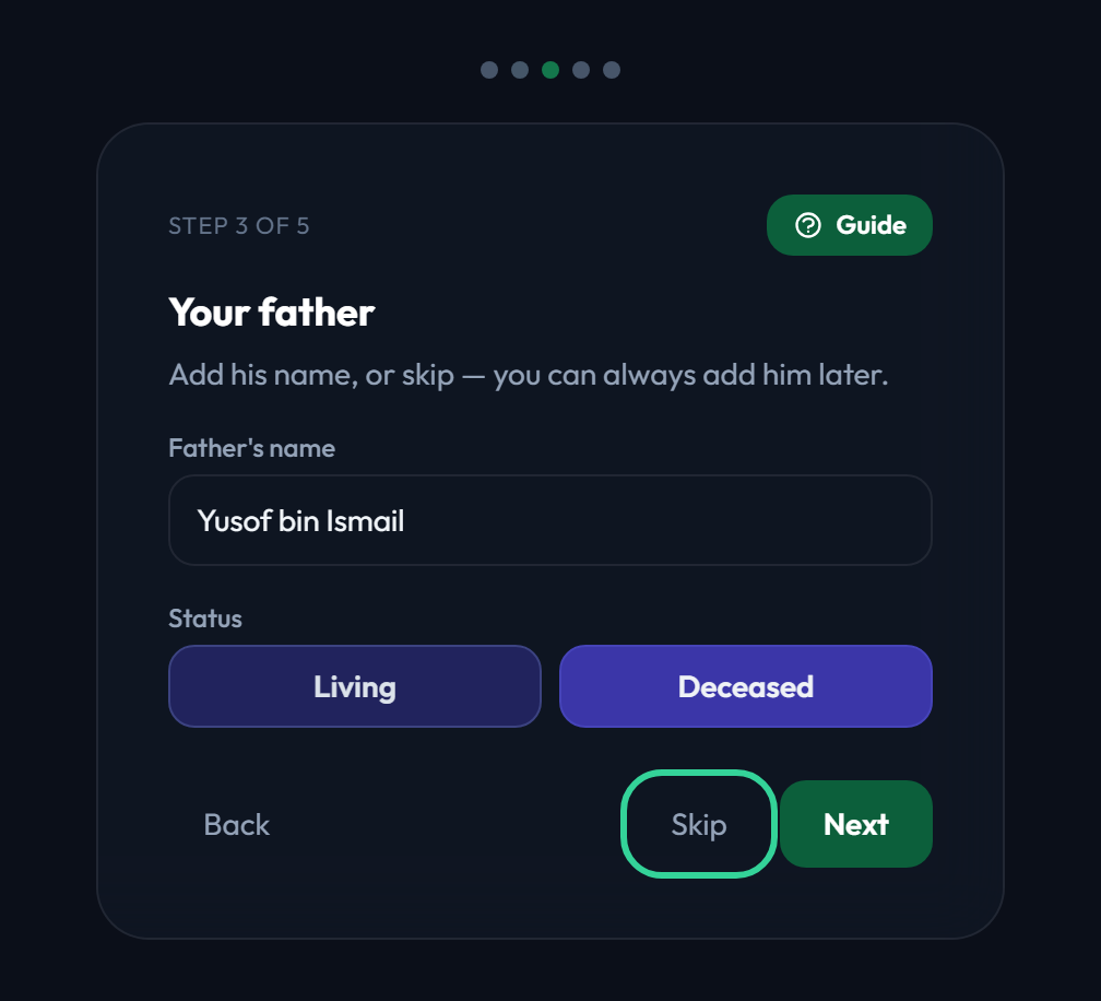 Step 3 of the wizard: your father, with the Skip button highlighted