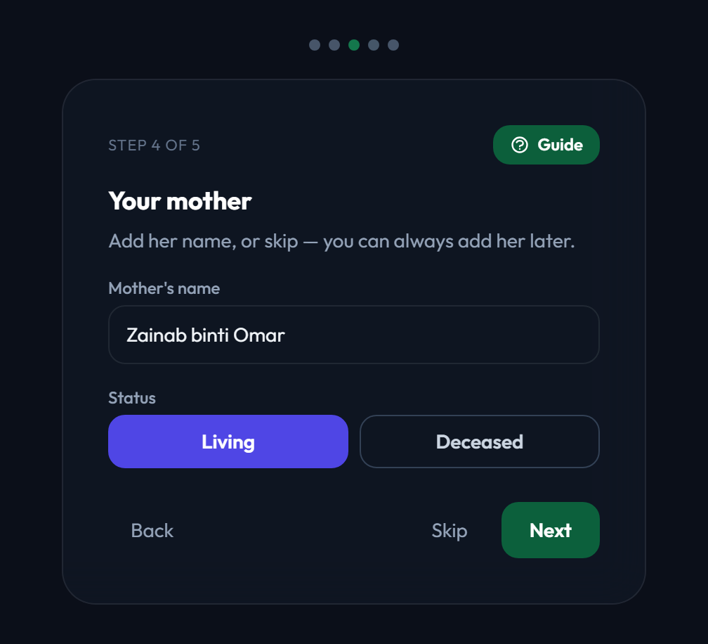 Step 4 of the wizard: your mother