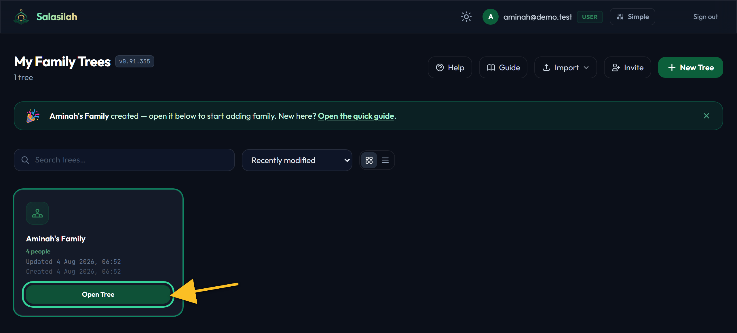 The Open Tree button on the new tree card