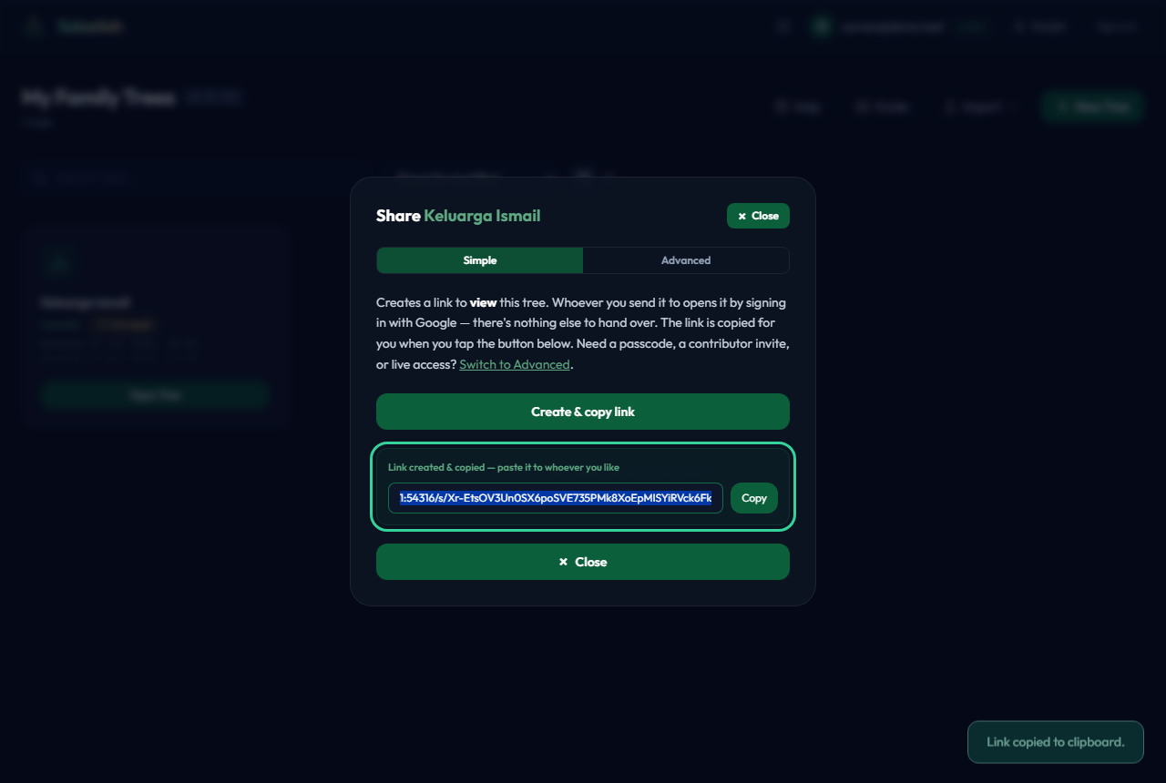 The created link, ready to paste