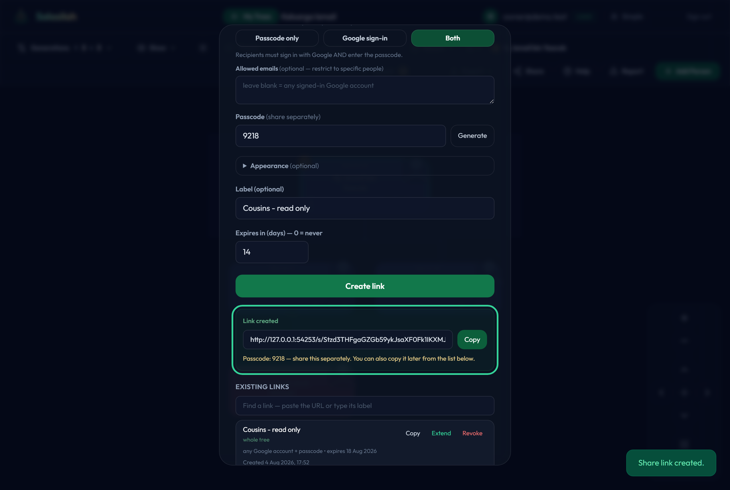 A created link showing its passcode