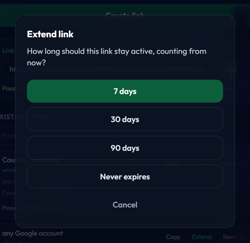 The Extend link dialog offering 7, 30, 90 days or never