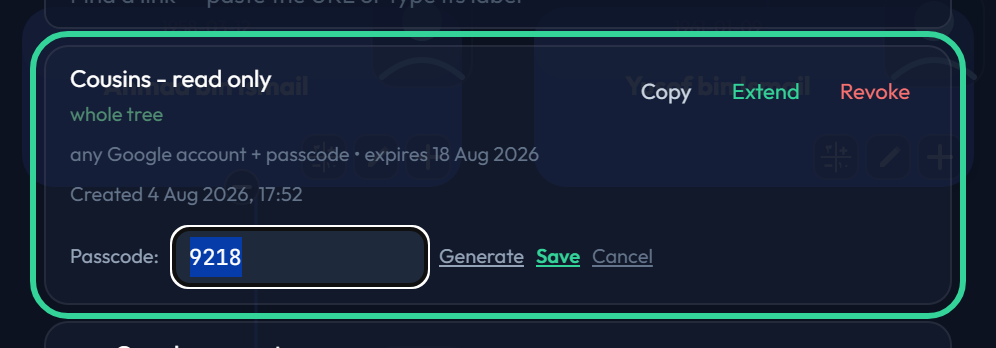 A link row with its passcode being edited in place