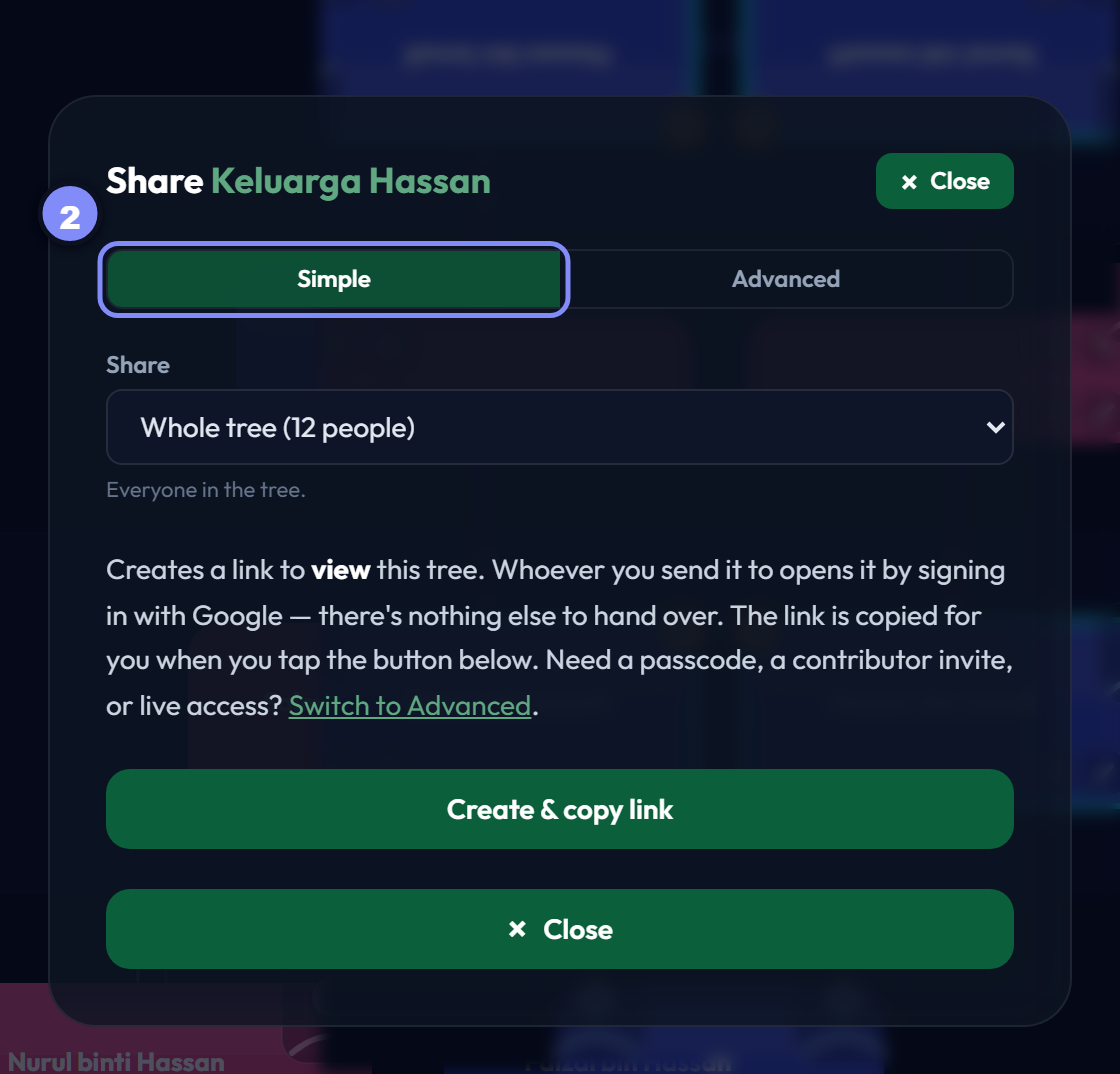 The share dialog in Simple mode