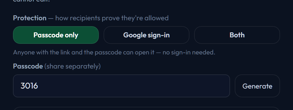 Protection set to Passcode only, with a generated code