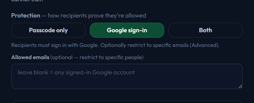 Protection set to Google sign-in, showing the Allowed emails box