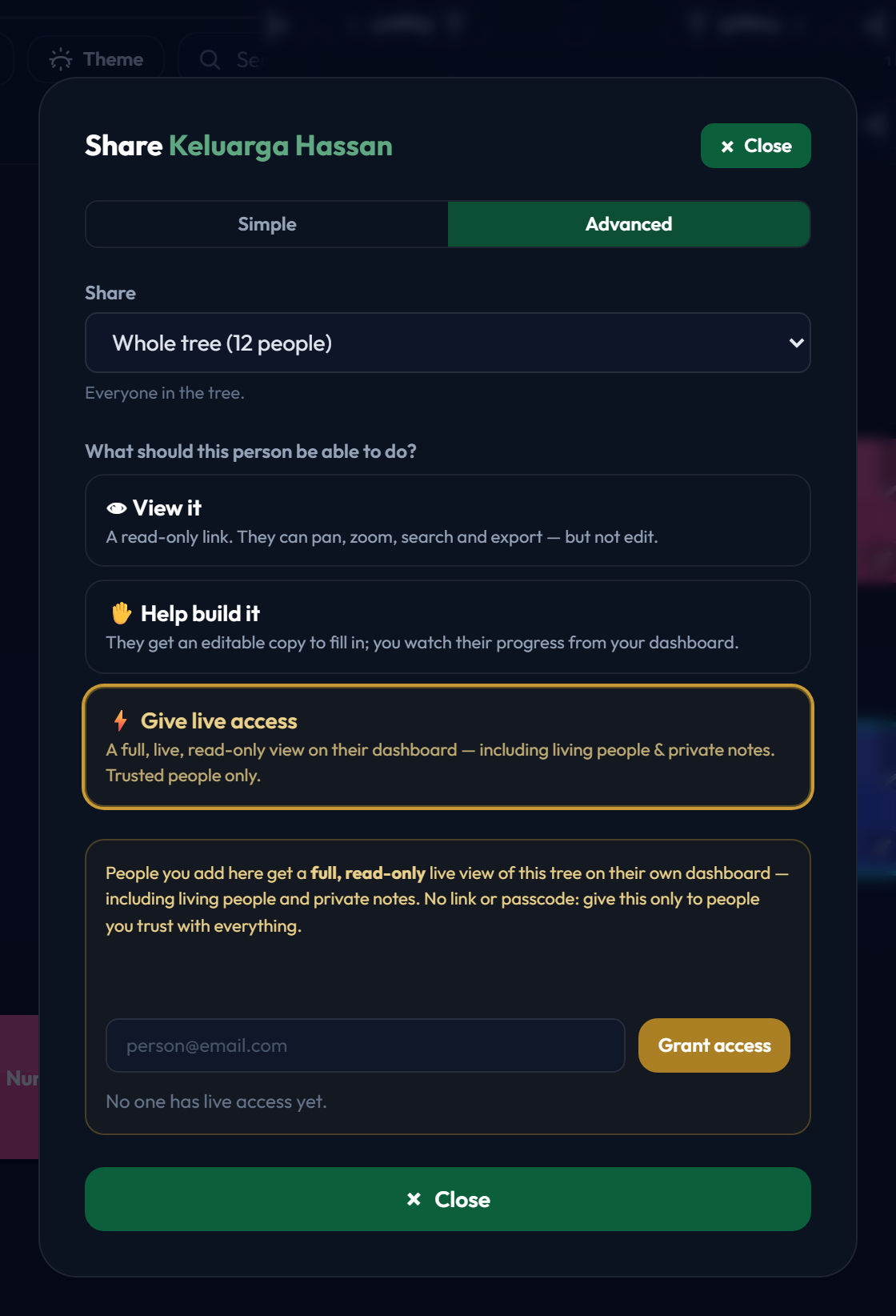 The share dialog with Give live access selected