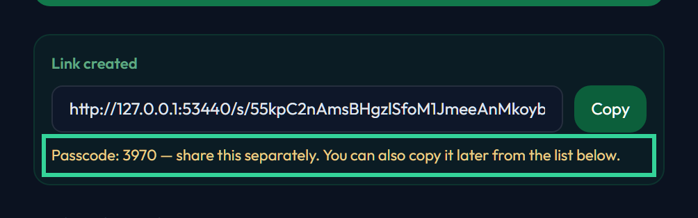 The created link with its passcode shown underneath