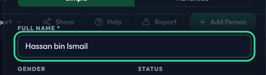 The person form with a name typed