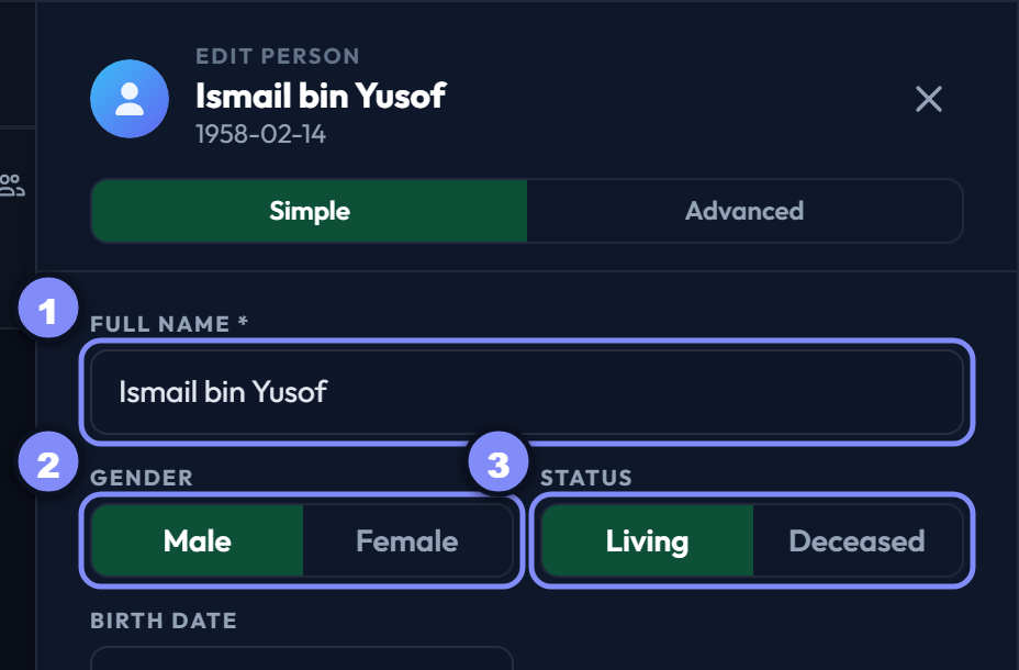 The person panel in Simple mode, with three fields numbered