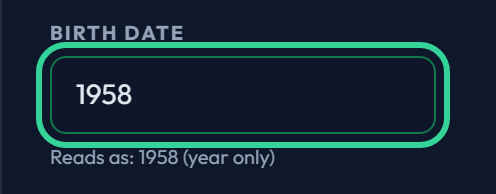 The birth date field holding just a year, read back as year only