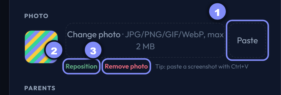 A photo in the preview box beside the paste, reposition and remove tools
