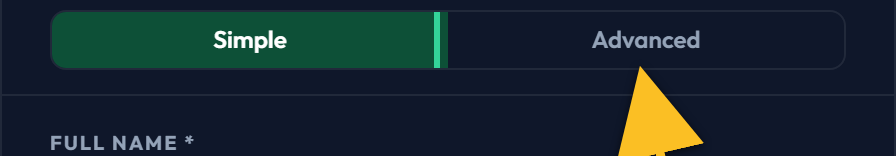 The Simple and Advanced toggle, with an arrow on Advanced