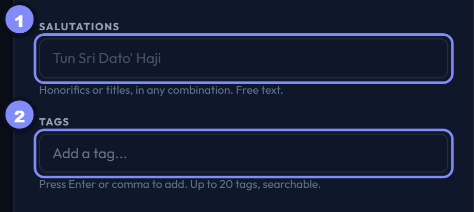 The salutations and tags fields
