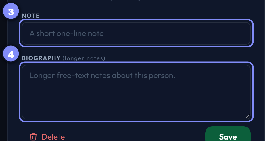 The note and biography fields