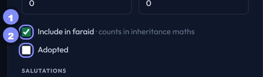 The include-in-faraid and adopted checkboxes in their default state
