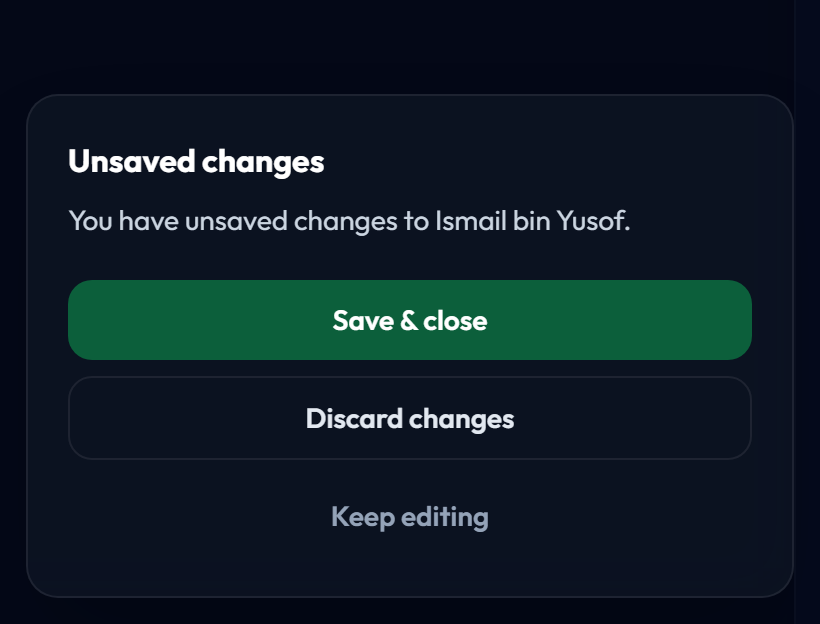 The unsaved changes prompt offering save, discard or keep editing