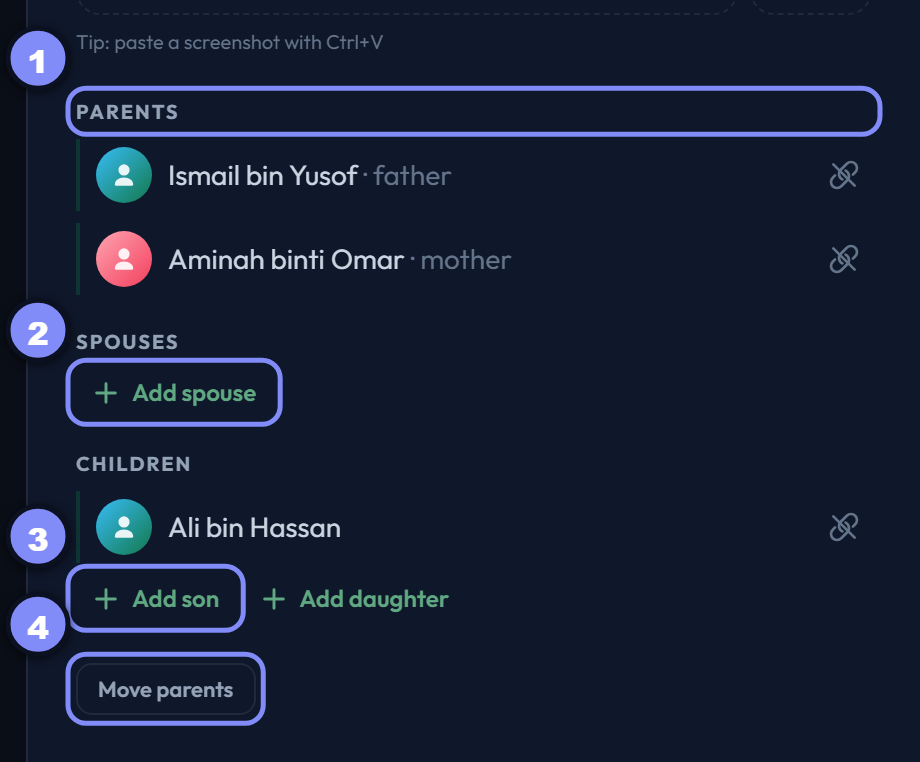 The Family section of the person panel
