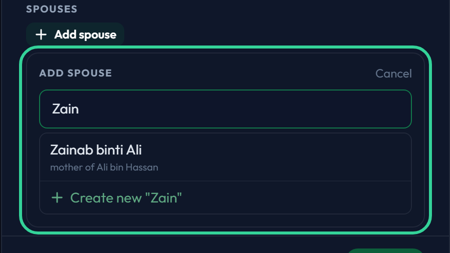 The add-spouse box showing a matching person and a create-new option