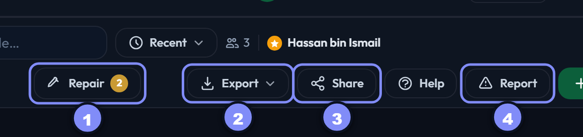 The Repair, Export, Share and Report buttons in the toolbar
