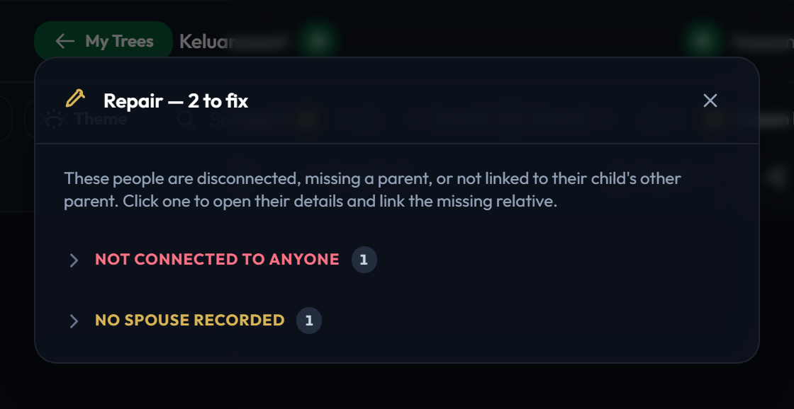 The Repair overlay listing two problems