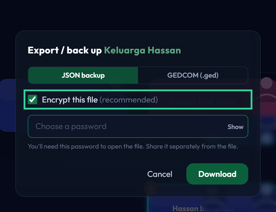 The export dialog with encryption ticked